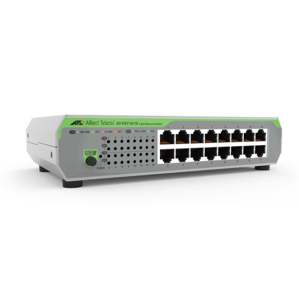 Allied Telesis Layer 2 Switch Unmanaged, 16 x 10/100TX, EU Power Cord. (AT-FS710/16-50)